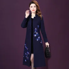 Зимнее осеннее женское длинное шерстяное пальто с воротником «Мандарин» синего и черного цвета, женские пальто с вышивкой бриллиантами, 4xl 5xl, пальто DG618