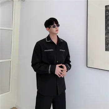 

Men Vitnage Fashion Patchwork Long Sleeve Casual Shirt Japan Korea Streetwear Male Black White Dress Shirts