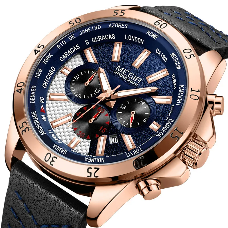 

Miguel megir watch men's fashion real three eyes multi function Large Dial Leather Men's sports watch 2103