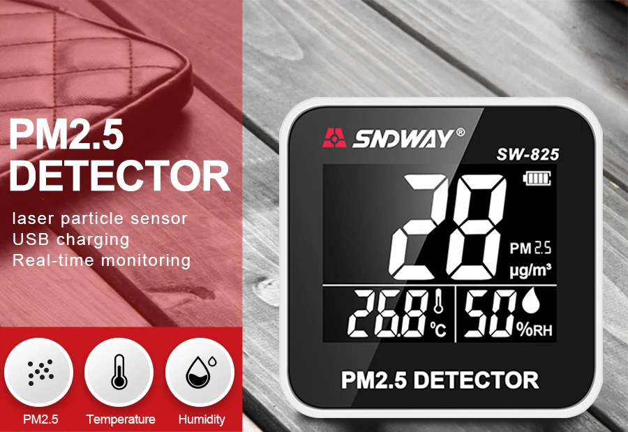 SNDWAY SW-825 Digital PM2.5 Detector meter and Temperature and Humidity Mini Por