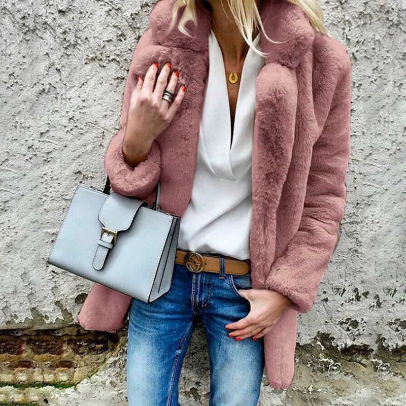 

Women Winter Designer Coats Pink White Faux Fur Warm Parka Woman Fashion Thick Long Coat Discount Clothing
