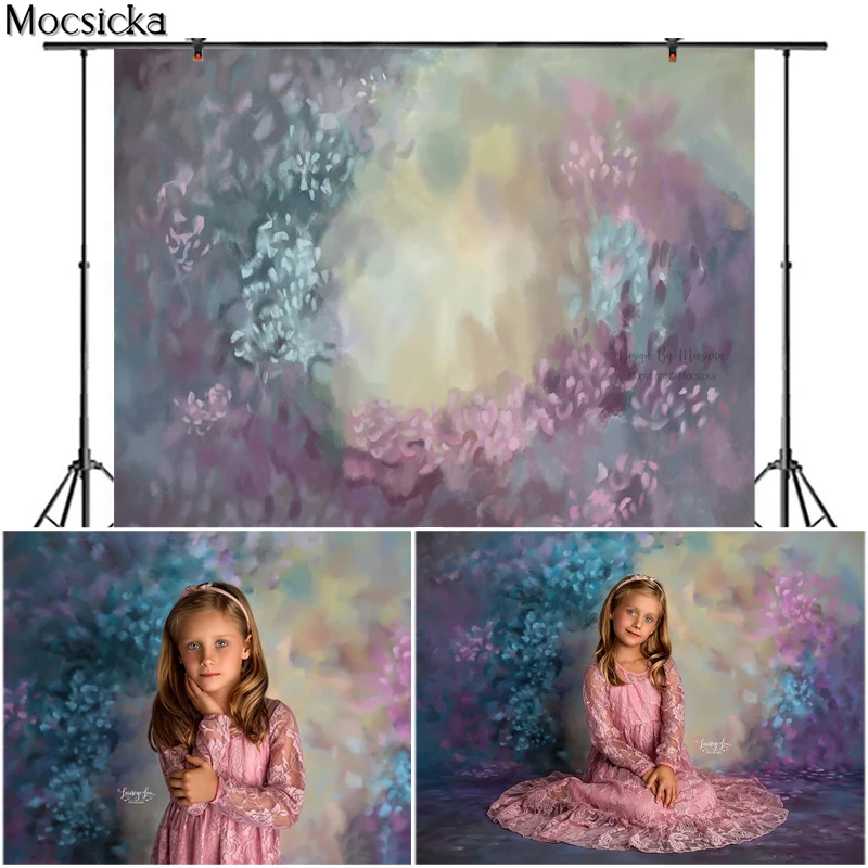 

Mocsicka Purple Green Flower Photography Background Hand Drawn Style Backdrop Child Birthday Portrait Decoration Props Studio