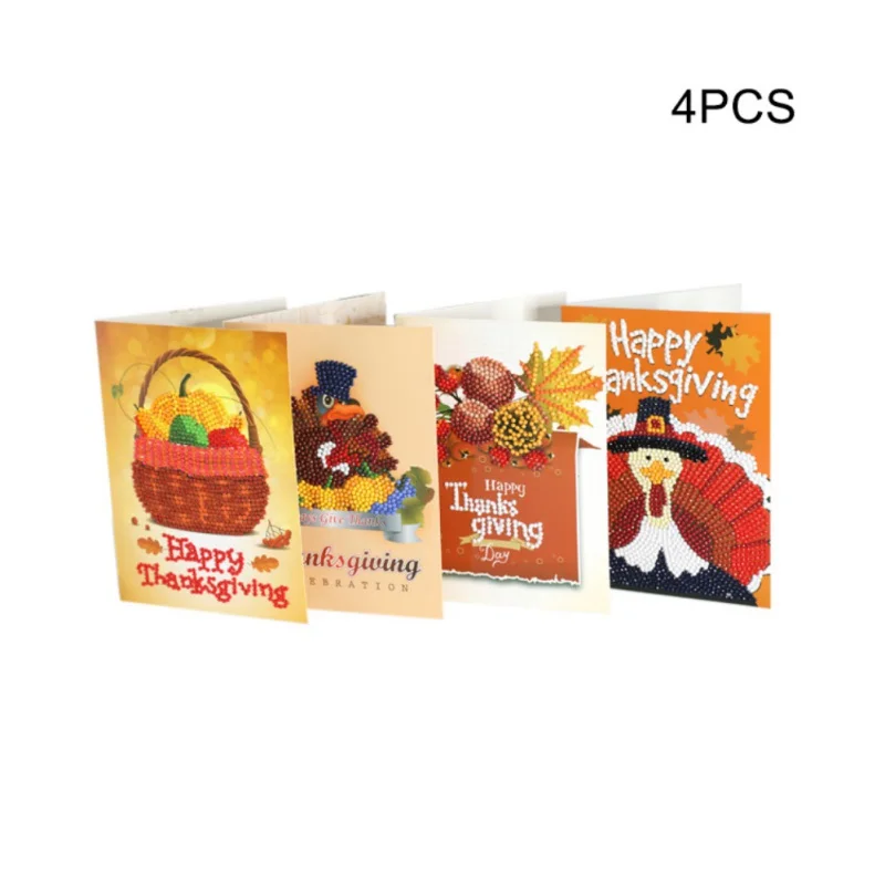  4PCS Thanksgiving Cards 5D DIY Diamond Painting Cross Stitch Greeting Card Invitations Hand Embroid - 4.0003E+12