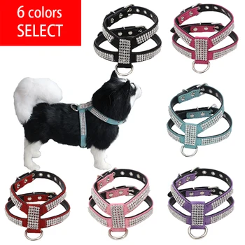 

PU Leather Pet Harness Rhinestone Dog Collar Adjustable Pet Chest Strap Dog Harness Crystal Diamond Neck Belt for Small Dogs