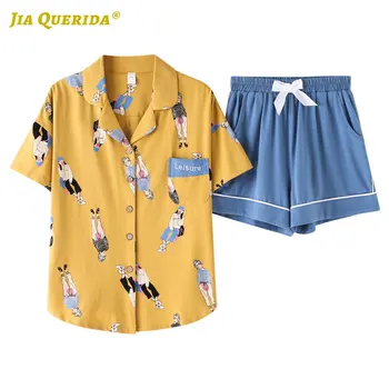 

Yellow Top Turn Down Collar Short Sleeve Short Pants Pajamas Set Homesuit Homeclothes Fashion Style Casual Style Sleepwear
