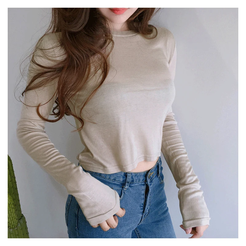 

Short cropped t-shirt female long-sleeved loose top Autumn and winter sexy jazz dance high waist bottoming shirts