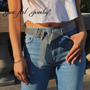 

JUST FEEL luxury Women Rhinestone Belt Female Bright Bride Wide Bling Crystal Waistbands Long Chain Pearl Belt Party Accessories