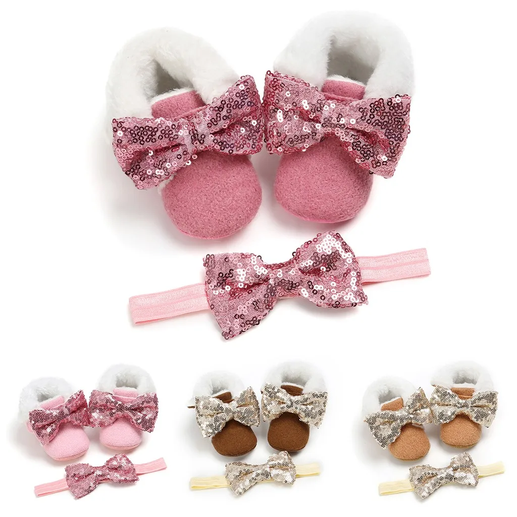 

2019 Toddler Kid Baby Girls Sequins Bowknot Winter Warm Snow Boots Shoes+Headband Set Pattern Type Solid