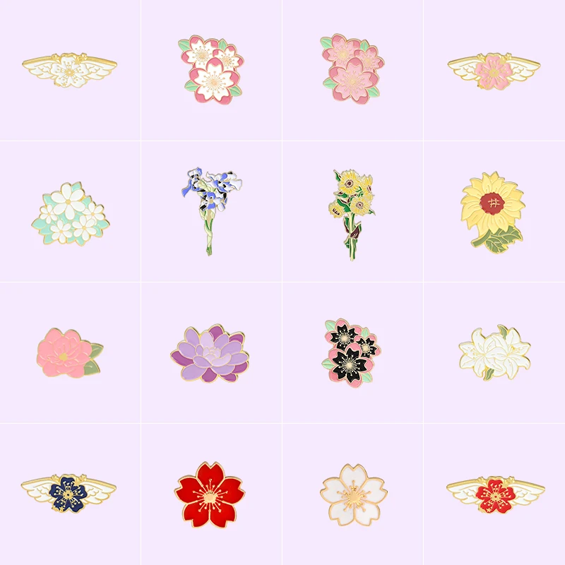 Épingles en émail de la série de fleurs pour enfants, broches de fleur de tournesol, épinglette de sac, insigne d'aile de sakura, bijoux de lys, cadeau pour les amis, vente en gros