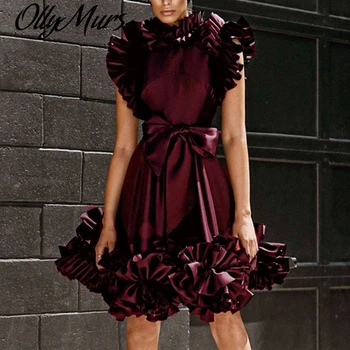 

2020 New Runway Lady gagaWomen Ruffles Summer Dress Sleeveless High Waist Belted Tunic Dress High Street