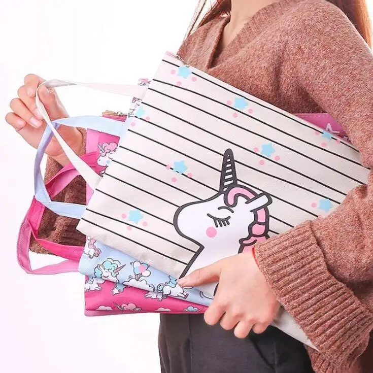 

2020 New Kawaii Unicorn Waterproof Canvas A4 File Folder Bag Document Paper Organizer Storage Handbag School Office Stationery