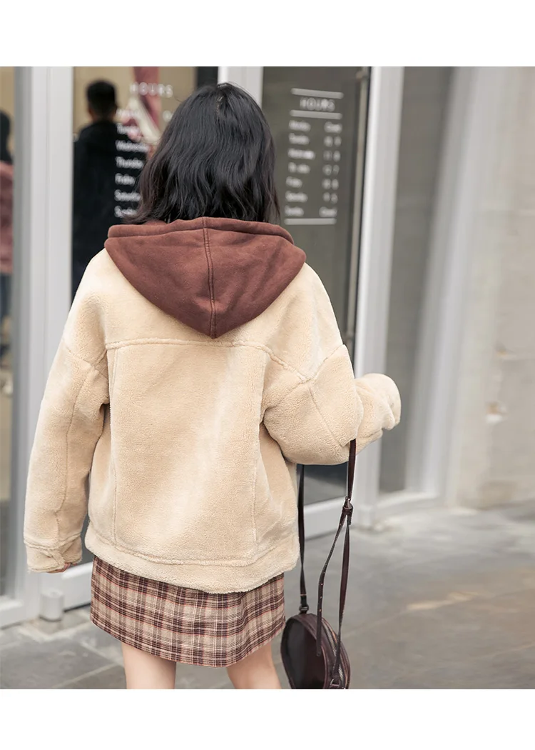 Harajuku плюшевая прошитая Женская толстовка в Корейском стиле с капюшоном и длинным рукавом, однобортная Женская толстовка для отдыха, теплая зимняя женская толстовка