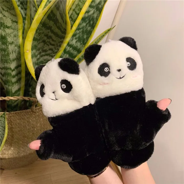 black panda Теплые Зимние перчатки для женщин с милой пандой, утепленные бархатные хлопковые перчатки без пальцев для девушек - Цвет: black panda