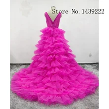 Многоуровневые вечерние платья цвета фуксии, выпускные тюлевые платья с v-образным вырезом и аппликацией в арабском стиле Vestidos De Fiesta De Noche Robe De Soiree размера плюс