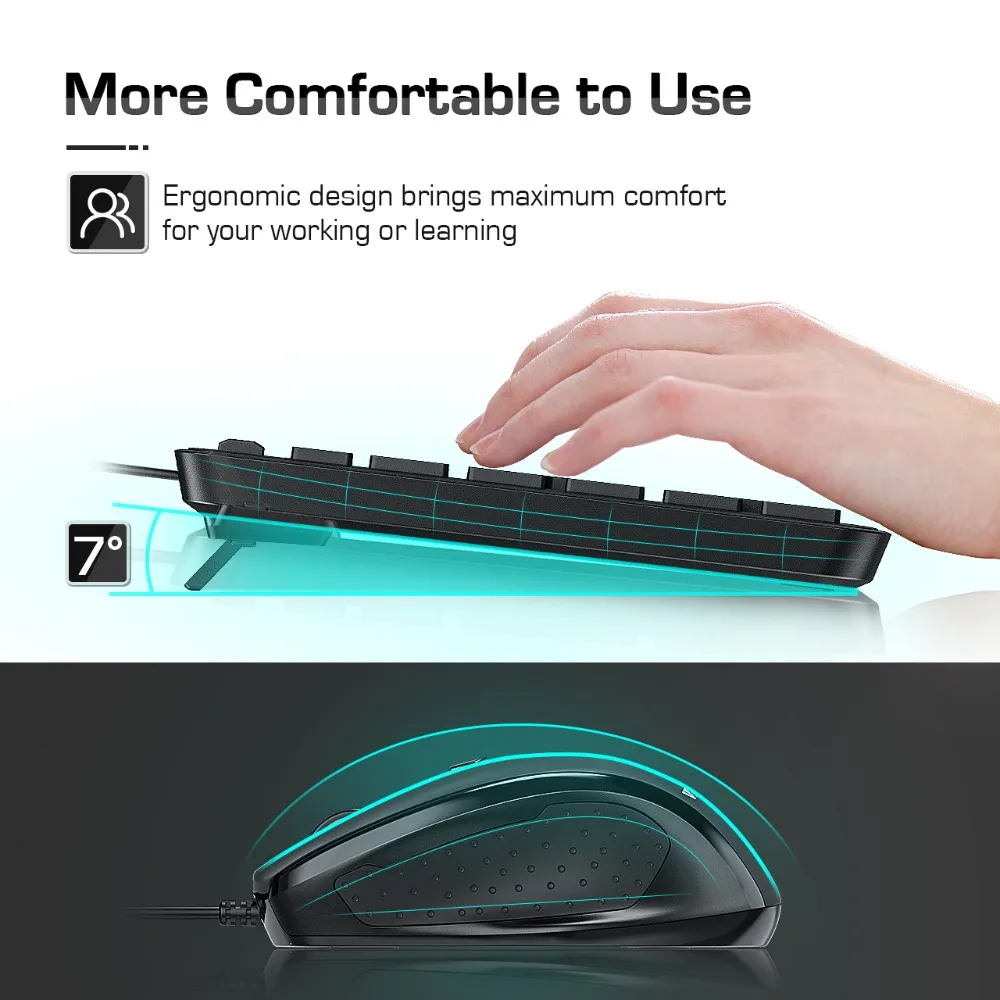 VicTsing PC246 Wired Keyboard and Mouse Combo 7 Multimedia Shortcuts Keyboard 204 Keycaps Whisper Quiet USB Mouse Set For PC Win (4)