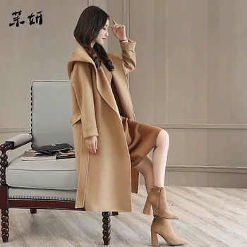 

Solid Fashion Women Long Woolen Coat Slim Office Lady Women's Jacket Belt Cashmere Coat and Jacket
