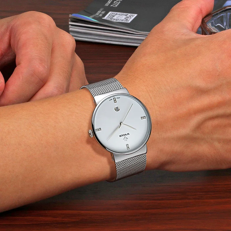 

WWOOR 2020 Luxury Diamond Wrist Watches Mens Fashion Ultra-thin Steel Mesh Men Watch Business Quartz Date Clock Waterproof reloj