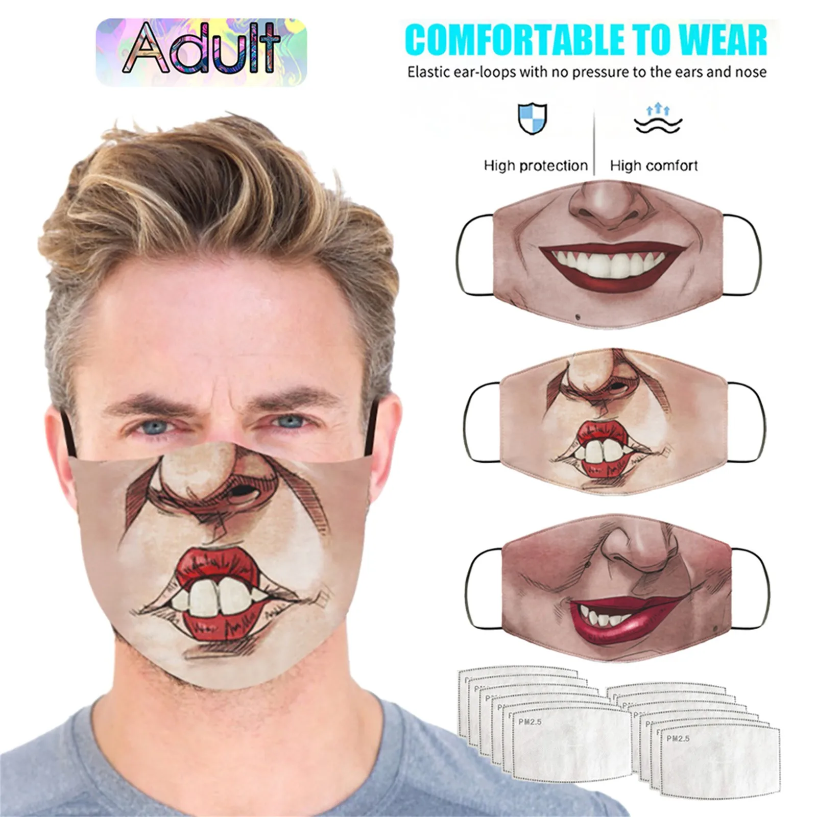 

Fast Delivery Adult Cosplay Funny Face Printed Masks With filters Washable & Reusable Mask Bandage Mascarilla reutilizable 2021