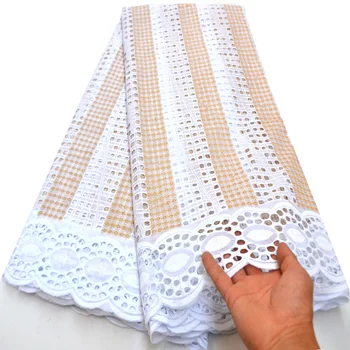 

High quality African 100% Cotton Lace Fabric Latest White Gold Swiss Voile Lace In Switzerland With Stones For Wedding Dress