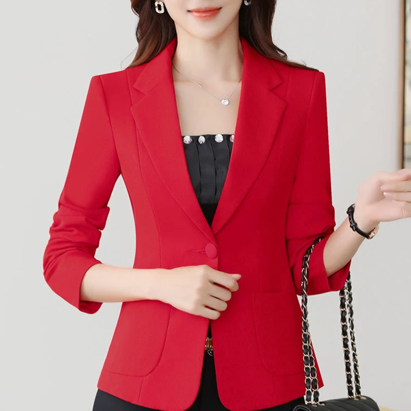 Blazer rojo elegante de Color liso mujer, chaqueta manga larga ajustada de estilo inglés, prendas de vestir con cuello con muescas, Top con un botón, otoño|Chaquetas| - AliExpress