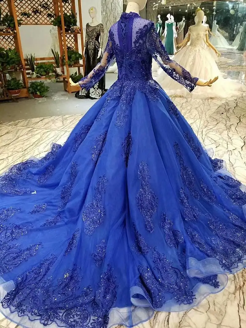 Королевский синий Свадебные платья Robe De Mariage принцесса с длинным рукавом Тюль с бусами Жемчуг Кристалл роскошные свадебные Abiti Da Sposa - Color: Blue