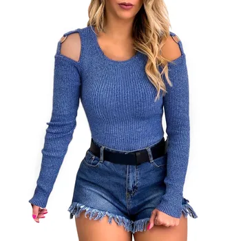 

Autumn Winter Fashion Women's T-shirt Clod Off Shoulder Long- Sleeve 2019 Sexy Slim Knitted Casual Bodycon Sweater FemaleTops