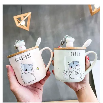 

Creative Wooden Lid Coffee Ceramic Mug Funny 400ML Cute Spoon Cartoon Hamster Handle Milk Breakfast Cup Office Animal Cups