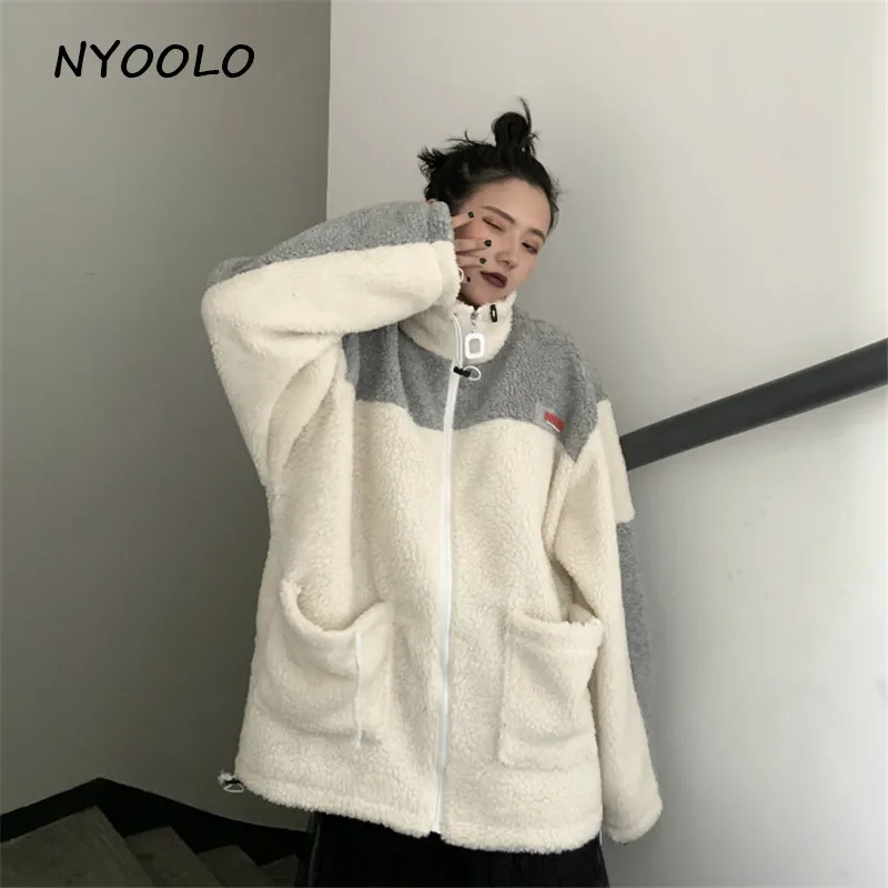 NYOOLO Harajuku стиль уличная одежда с большими карманами лоскутное теплое пальто из овечьей шерсти Осень Зима на молнии куртка-бомбер женская верхняя одежда