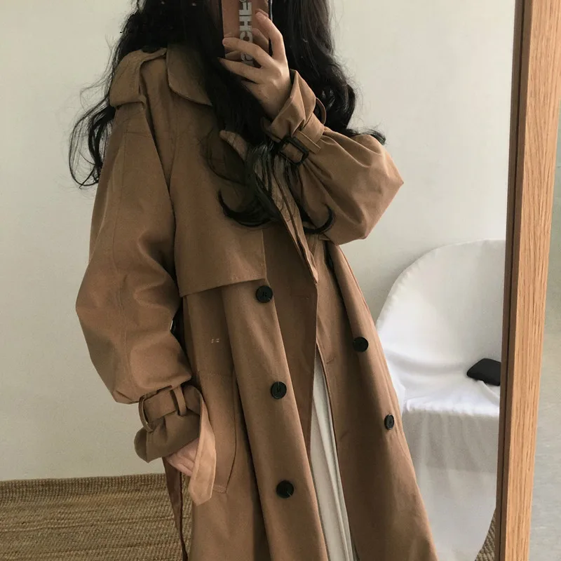 

Spring Autumn Giacca Donna Elegante Turn-down Collar Casual Long Coat Loose Coat With Belt Fashion Vintage Black Abrigos Mujer