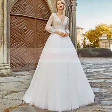 

Elegant V-Neck Full Sleeve Wedding Dresses for Women Floor-Length Brush Train Sexy Backless 2021 Tulle Bridal GownRobe De
