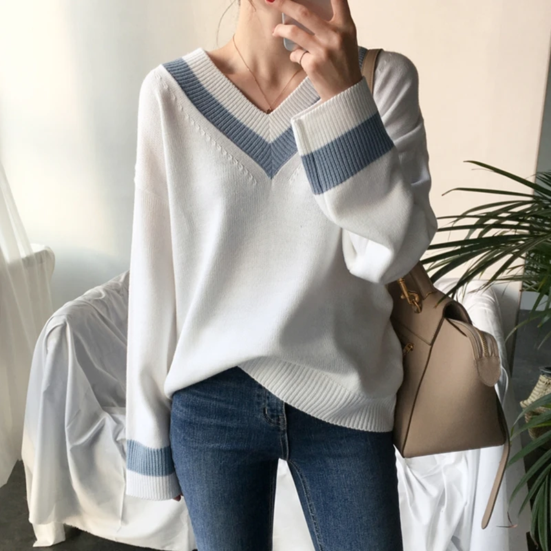 2colors Korean style loose v neck stripe Knitted warm Sweaters Women women sweaters and pullovers (N0048 | Женская одежда