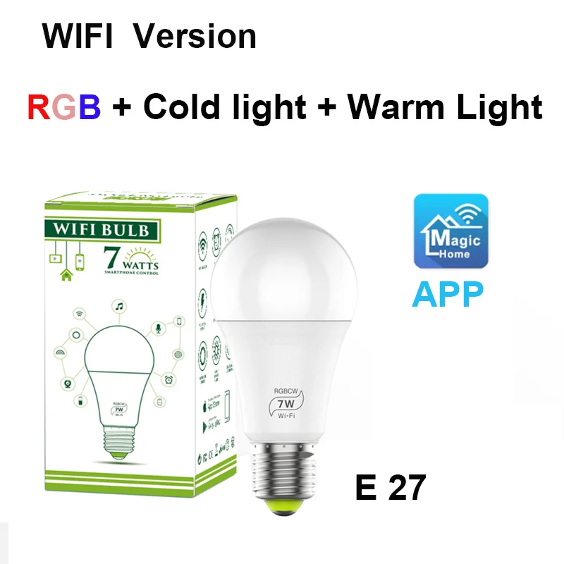 1/3/4/10 шт. смарт-лампы в виде Беспроводной Bluetooth 4,2/WI-FI вариант версия E27 лампы для домашнего освещения 7 Вт RGB+ CW+ WW холодный+ теплый свет с регулируемой яркостью - Испускаемый цвет: WIFI Version