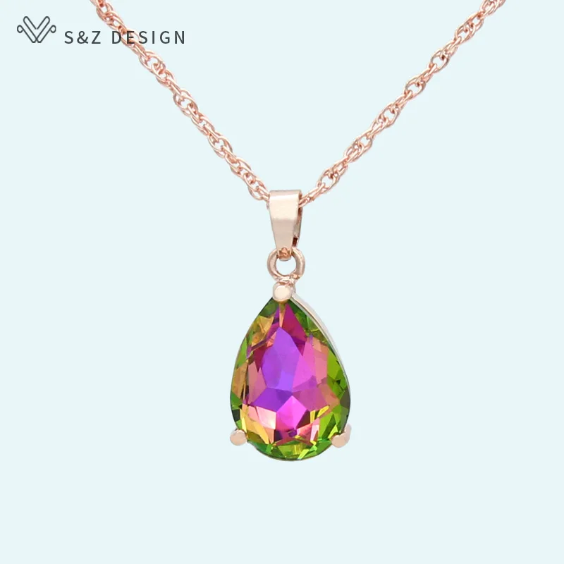 S&Z DESIGN New Fashion Water Drop Crystal Pendant Necklace For Women Wedding Party Fashion 585 Rose Gold Color Jewelry