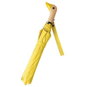 

Creative Duck Automatic Folding Umbrella Yellow Small Sun Umbrella Women Parasol Girl Gift Wood Head Umbrellas Paraguas SY144