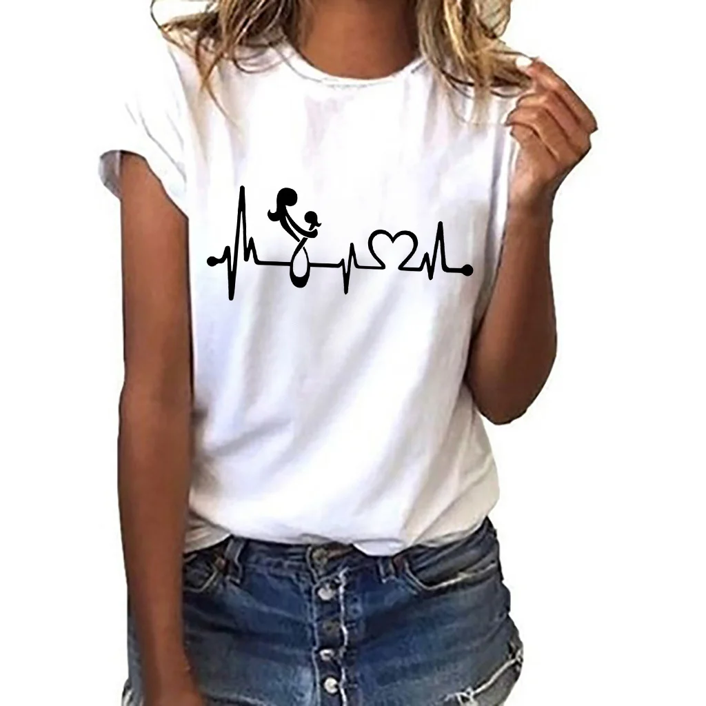 Women's T-shirt retro T-shirt ladies Basic Harajuku short-sleeved heart-shaped printed T-shirt casual O-neck top shirt ropa muje