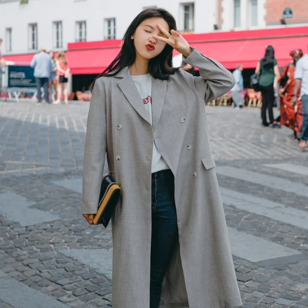

Photo Shoot CHIC Elegant Ol Solid Color Mid-length Straight-Cut Loose-Fit Suit Collar Double Breasted Suit Trench Coat Female Sp