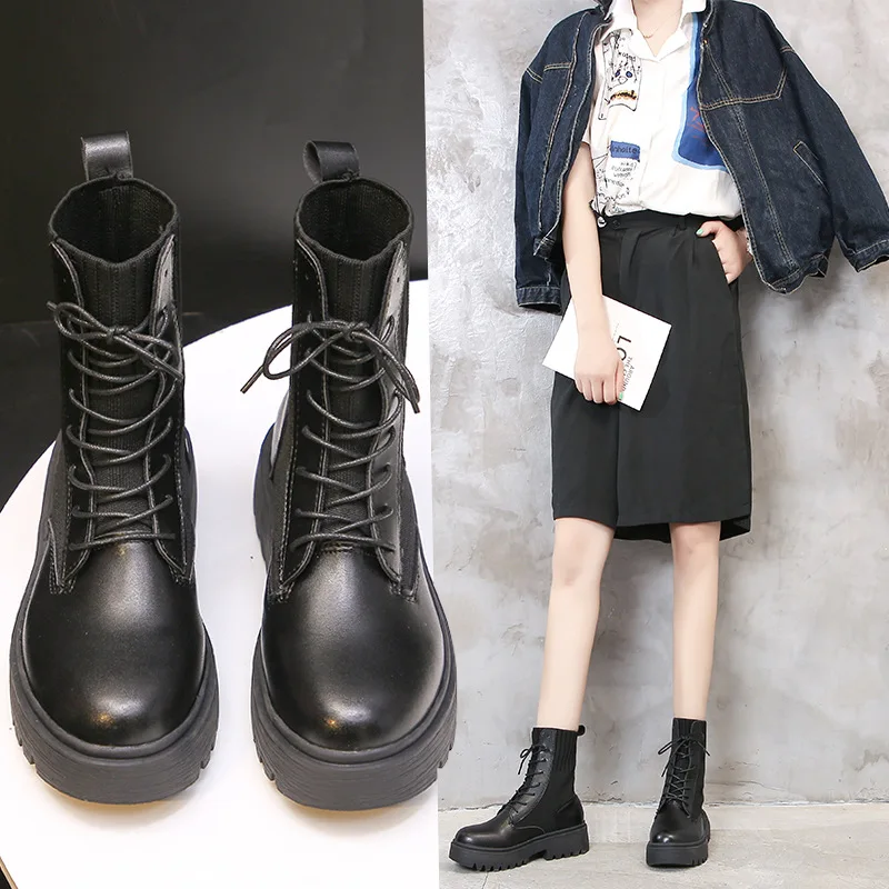 

Autumn And Winter Chunky-Heel Lace-up Yarn Buckle Martin Boots Women's Waterproof Platform England Ankle Boots Semi-high Heeled