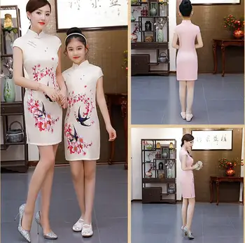 

New Parent-Child Silk Kids Cheongsam Short Sleeve Summer Parent-Child Dress Swallow Dress Chinese Cheongsam 8909QY03