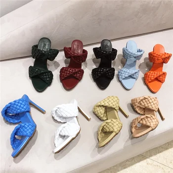 

Luxury Brand Desinger Slides Mules Women 9cm High Heels Fetish Summer Sandals Leather Weave Slippers Prom Wedding Stripper Shoes