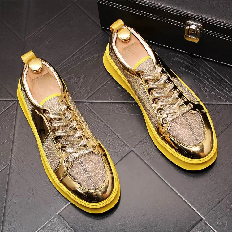 

New Arrival Luxury Mens Gold Casual Shoes Summer Mesh Breathable Flat Platform Man Night Club Trending Shoes For Party 43