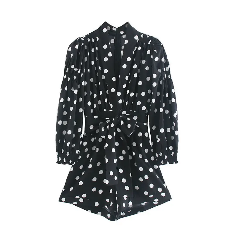 

High Quality Women's 2019 Autumn New Thin V-neck Puff Sleeve Dot Print Short Sexy Black Jumpsuit