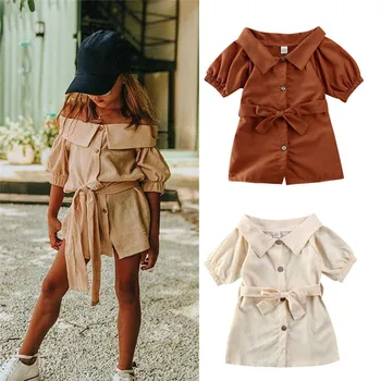 

Fashion Romper Baby Girl Toddler Kids short sleeve Bowknot Dress Tops Button Solid Off Shoulder jusmsuit