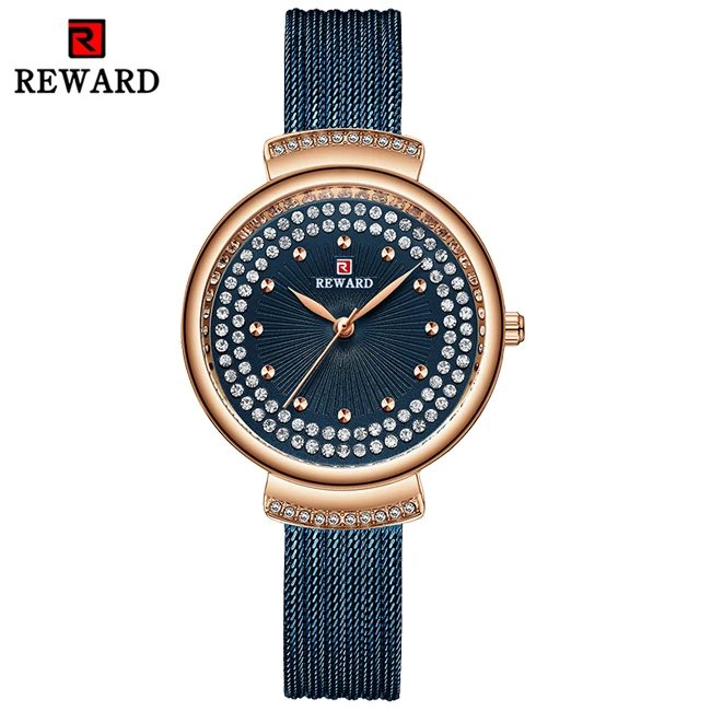 Награда люксовый бренд часы с ремешком-сеткой женские модные для женщин нарядные кварцевые часы Кристалл алмаз водонепроницаемые повседневные наручные часы - Цвет: Rose-Blue