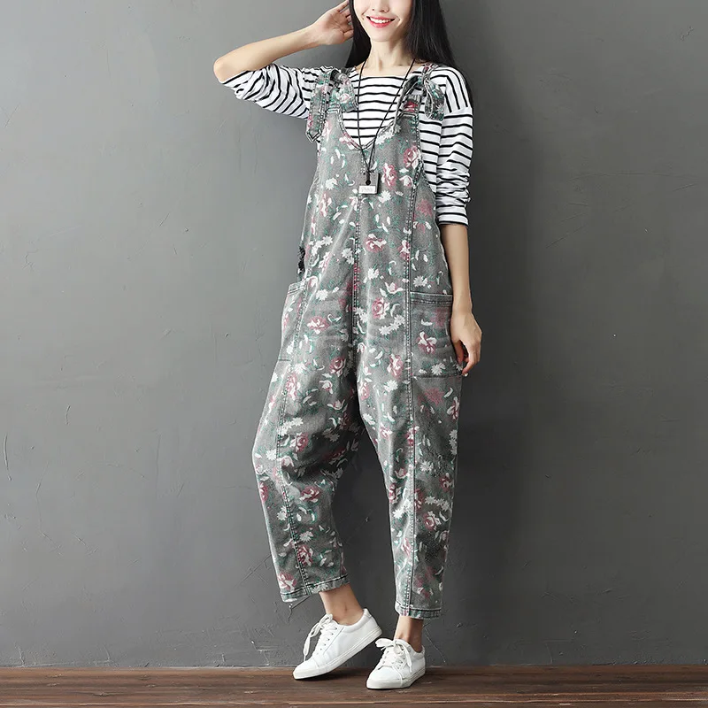 

Women Floral Overalls Oversized Loose Bleached Printed Jumpsuits Ladies Fashion Casual Bibl Jeanse
