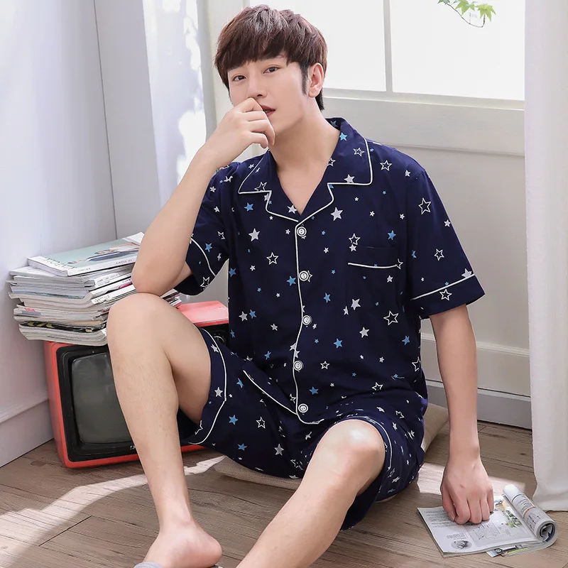

MEN'S Cardigan Pajamas Summer Pure Cotton Middle-aged Men's Set Thin Front Buttons Cotton Summer Short-sleeved Home Wear