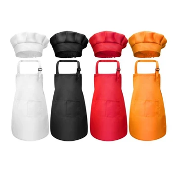 

8 Pieces of Children's Apron and Chef's Hat Set, Adjustable Children's Apron,with 2 Pockets Kitchen Apron