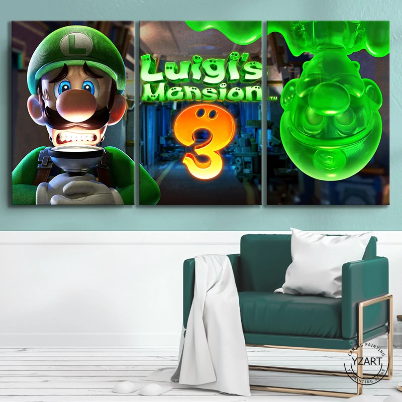 Luigis Mansion 3 игра плакат Холст Живопись Домашний Декор стены Искусство 3 панели Марио Братья Луиджи мультфильм Настенная картина Super Smash Bros