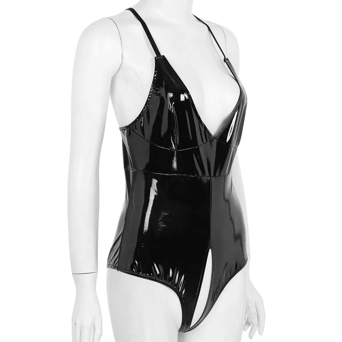 Women Wet Look Latex Leotard Bodysuit Patent Leather Plunging V-neck Adjustable Straps Cross Back Crotchless Body Suits Jumpsuit green bodysuit