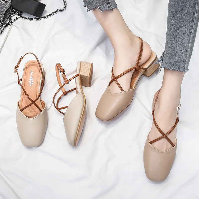 

2019 New Style Soft-Sole Grandma Shoes Chunky-Heel Fashion Outer Wear Closed-toe after Empty Sandals Retro Square Head Cross Bel