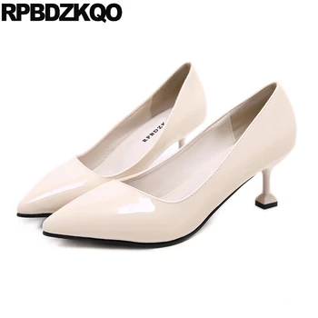 

stiletto 2019 patent leather shoes thin medium heels low pointed toe big size designer suede pumps scarpin 4 34 women slip on